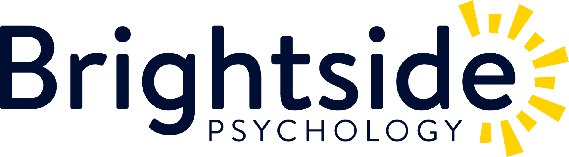 Brightside Psychology logo with dark blue text and a yellow sunburst graphic.