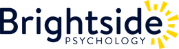 Brightside Psychology logo with dark blue text and a yellow sunburst graphic.