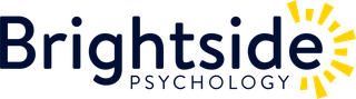 Brightside Psychology logo with dark blue text and a yellow sunburst graphic.