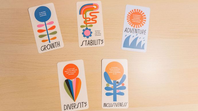 Five cards with colorful illustrations and words: Growth, Stability, Adventure, Diversity, and Resilience, on a wood table.
