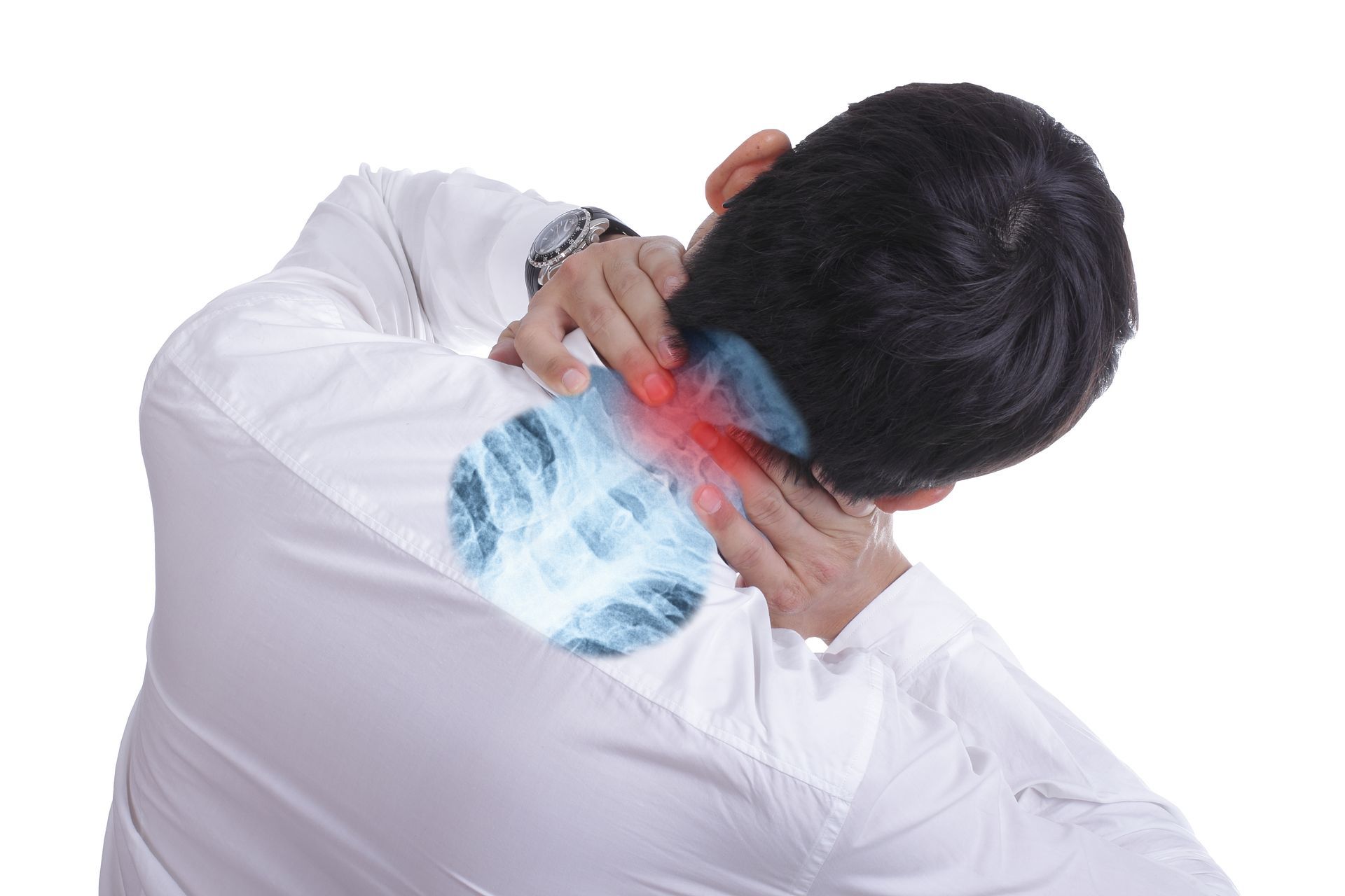 Person clutching neck in pain, highlighting a red area. X-ray-like overlay depicts the area in the back.