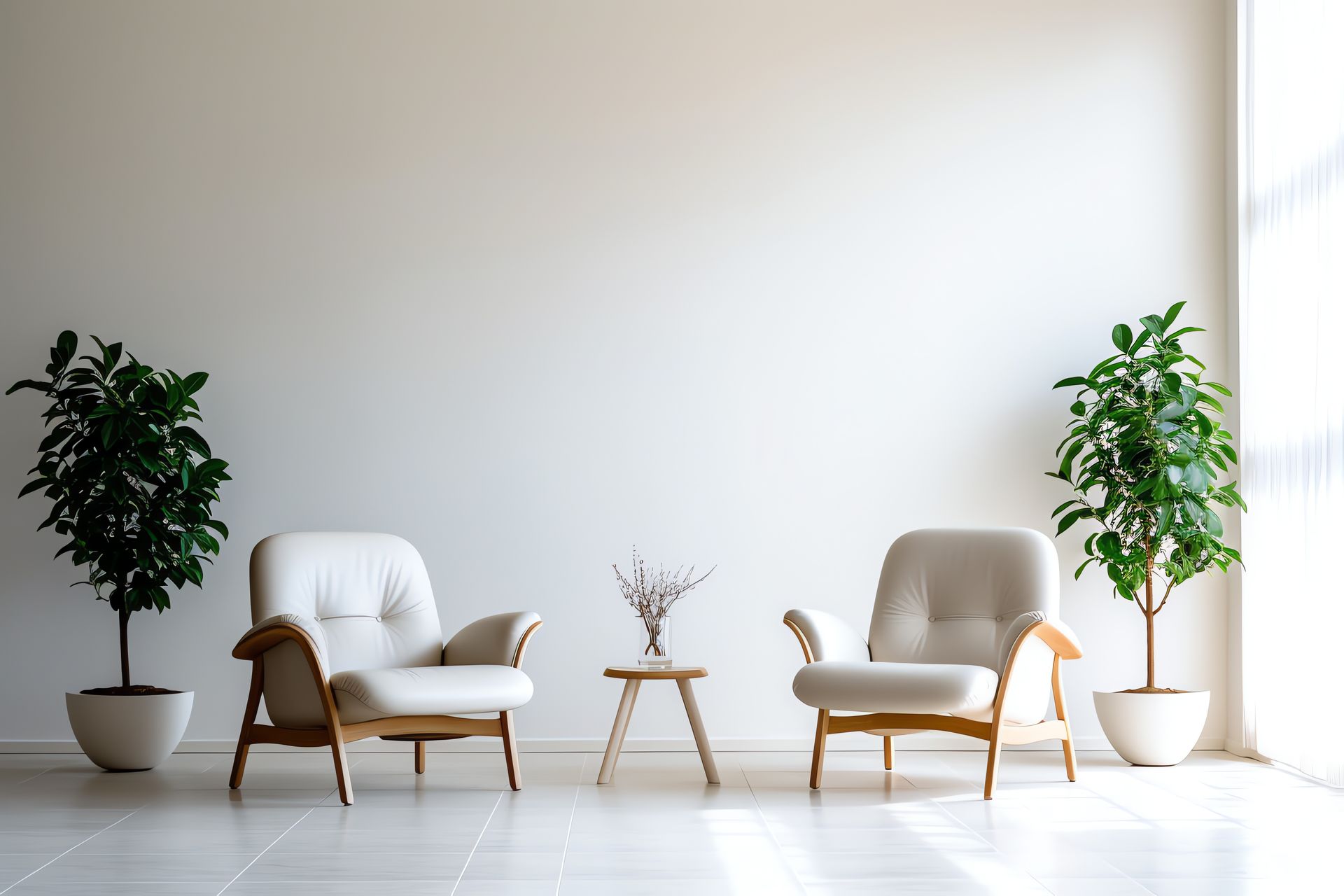 Two cream armchairs face each other, a small table with flowers between them, flanked by potted plants, in a bright room.