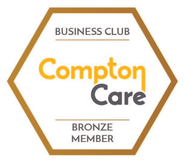 Bronze member logo for Compton Care Business Club. Gold hexagon frame, white interior, orange and gray text.