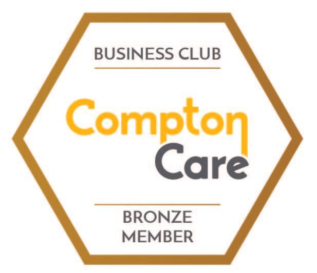 Bronze member logo for Compton Care business club. Gold hexagon frame, white interior, yellow Compton, gray Care text.