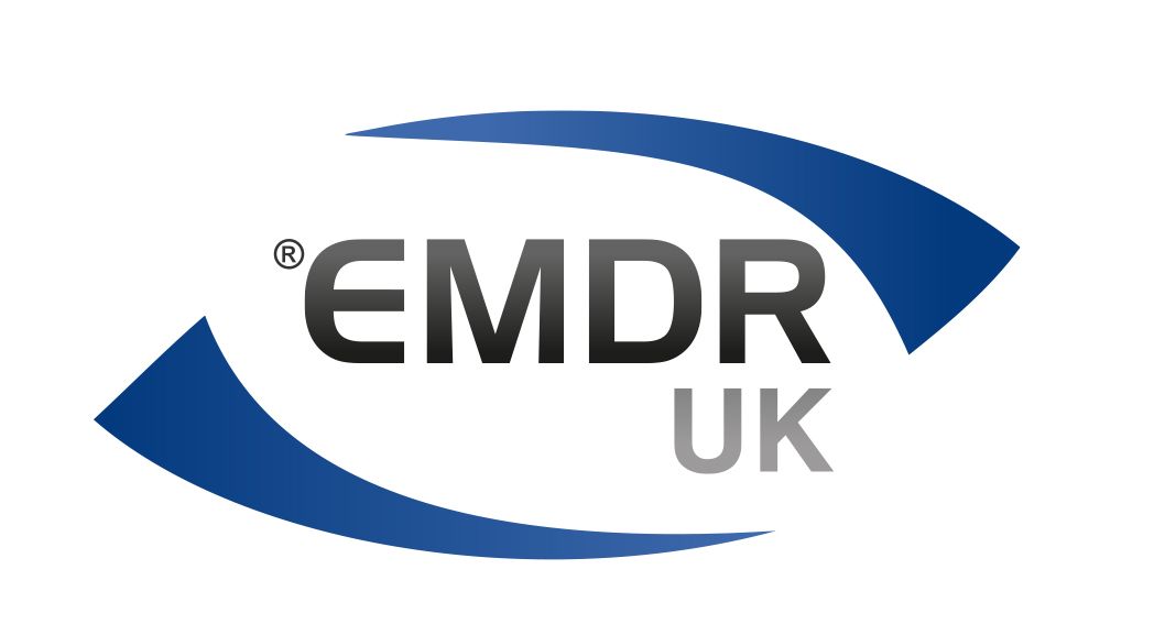Logo for EMDR UK, featuring text within two blue, curved shapes.