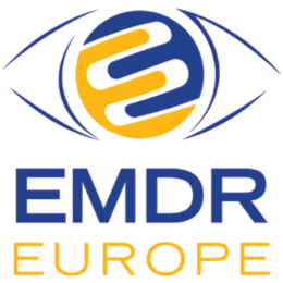 Logo for EMDR Europe: stylized eye above blue and yellow intertwined shapes, with text