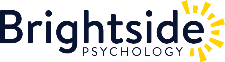 Brightside Psychology logo with navy blue text and a yellow sun design.