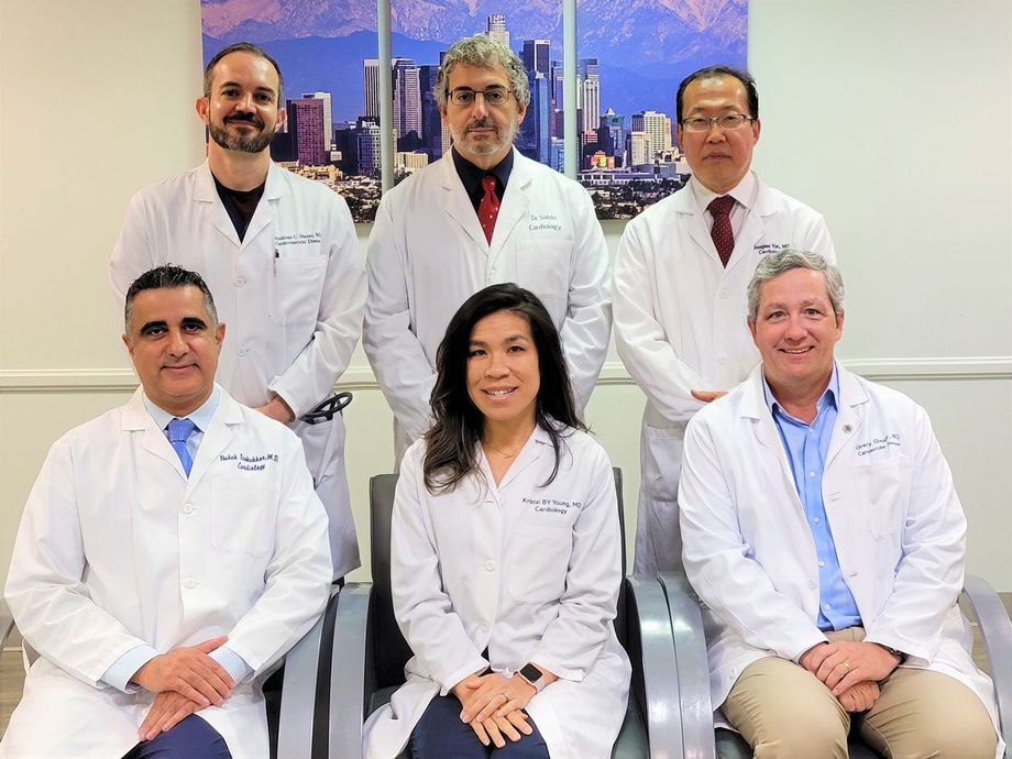 Six doctors in white coats posing for a group portrait in a clinic office