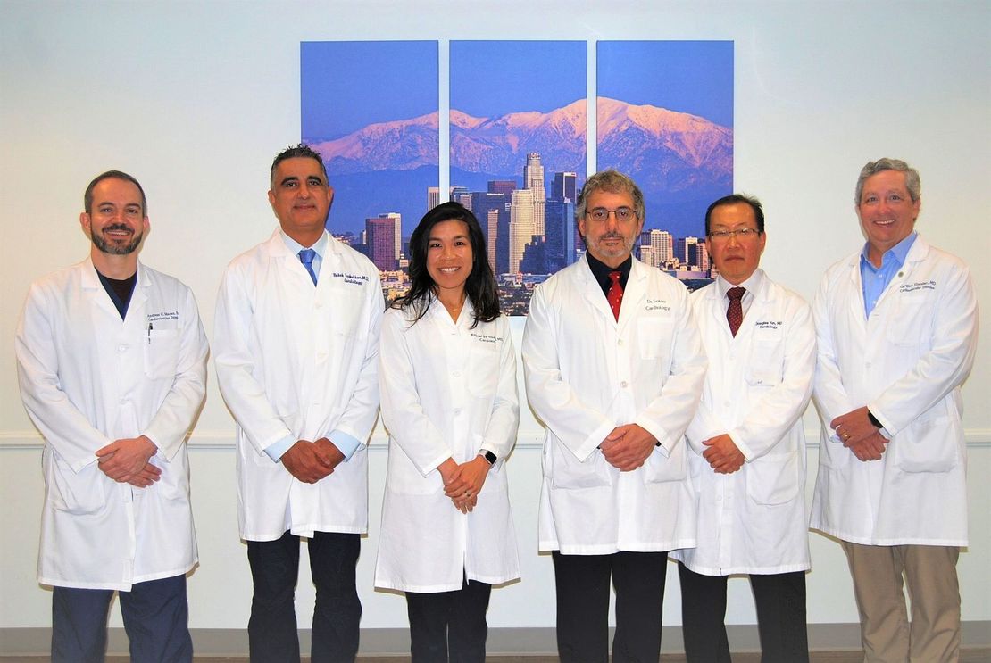 Six medical staff in white coats posing indoors before a mountain city backdrop