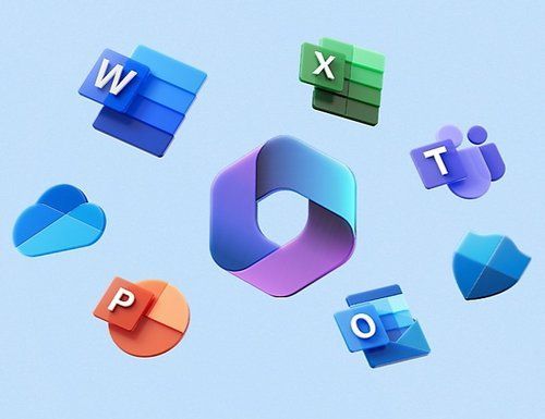 A group of microsoft office icons are floating in the air on a blue background.