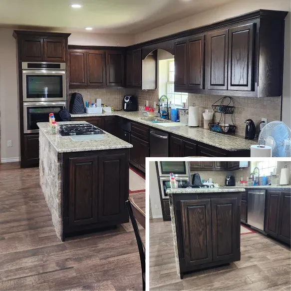 Dark wood kitchen with granite countertops, island with stovetop, and stainless steel appliances.