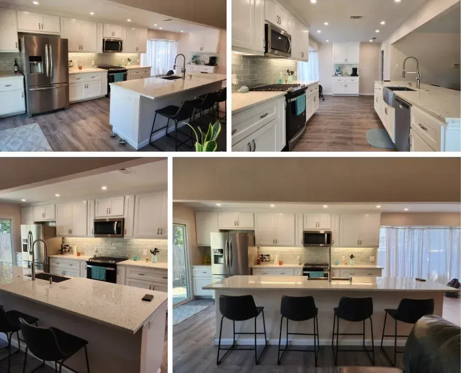 Four photos of a modern white kitchen with an island, stainless steel appliances, and gray flooring.