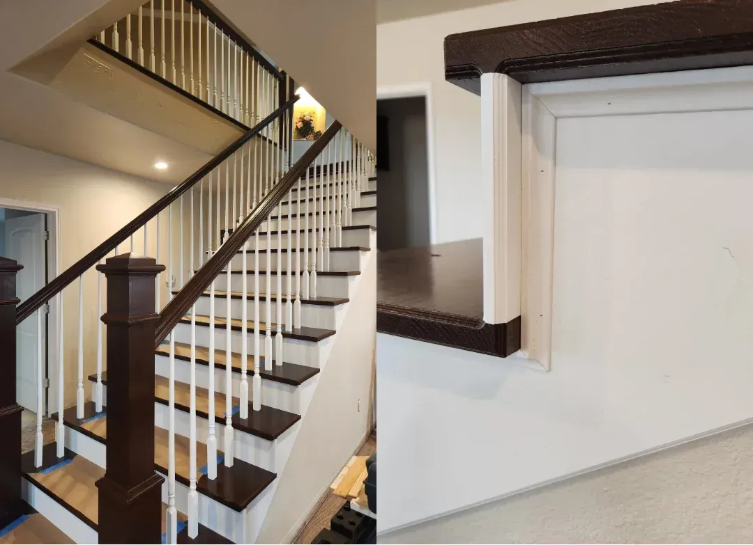 Staircase with dark brown handrails and steps, white spindles. White wall with similar shelf detail.