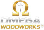 Gold and silver logo: Omega symbol above "OMEGA WOODWORKS." Cross in Omega.