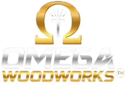 Gold and silver logo: Omega symbol above "OMEGA WOODWORKS." Cross in Omega.