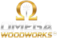 Gold and silver logo: Omega symbol above "OMEGA WOODWORKS." Cross in Omega.