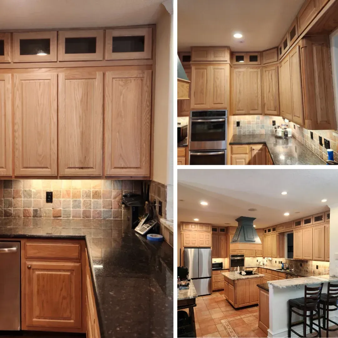Wooden kitchen cabinets with granite countertops and tiled backsplash.