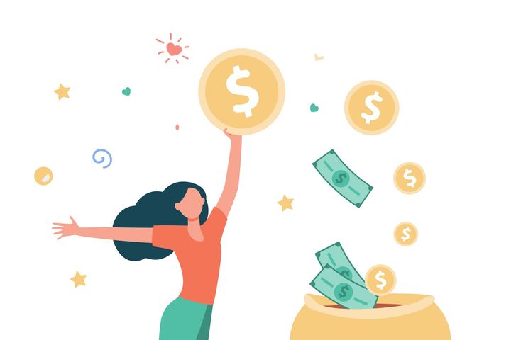 A woman is holding a coin with a dollar sign on it.