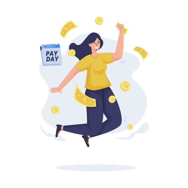 A woman is jumping in the air with money flying around her.