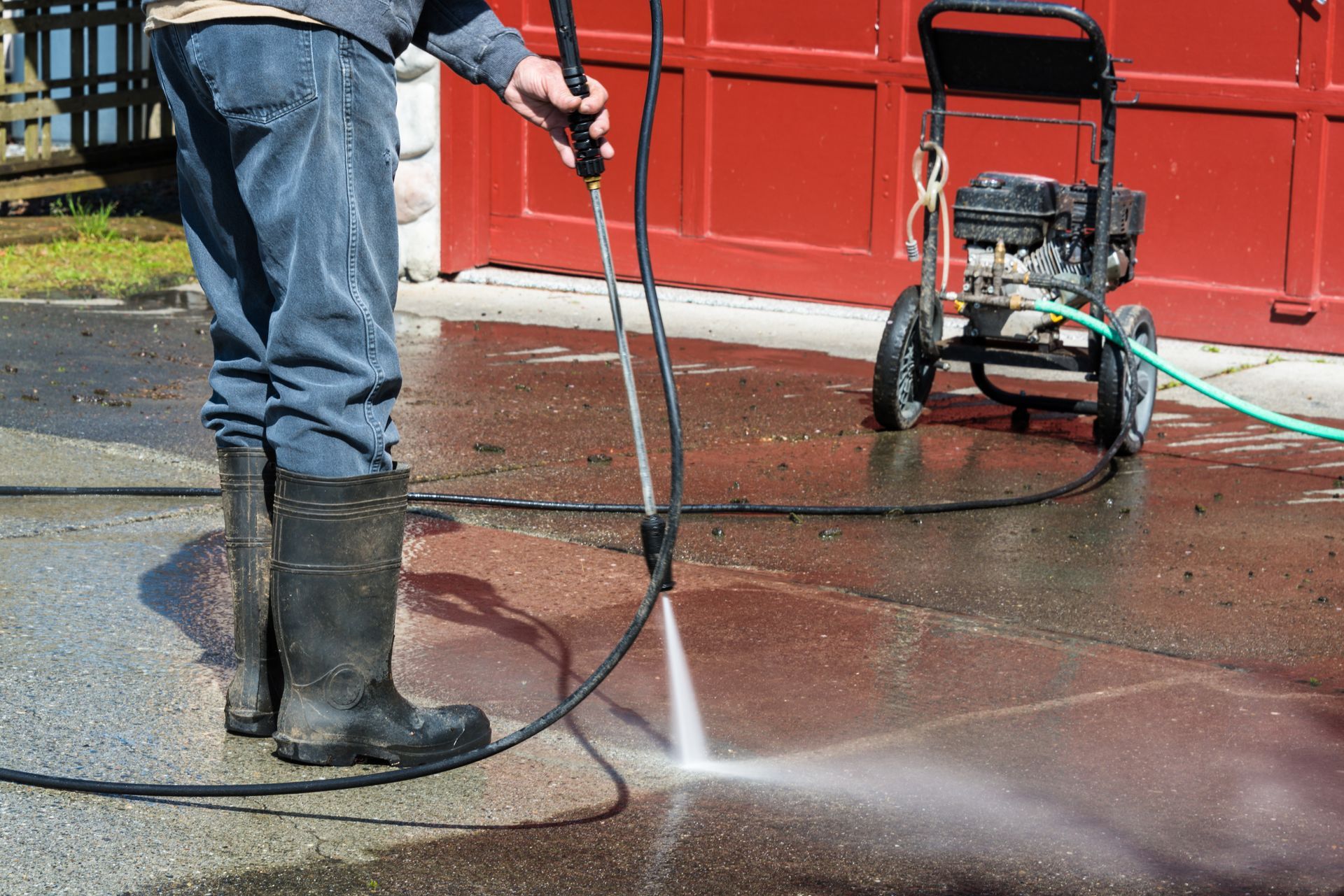 Person pressure-washing a concrete driveway beside a red garage door with a hose and sprayer