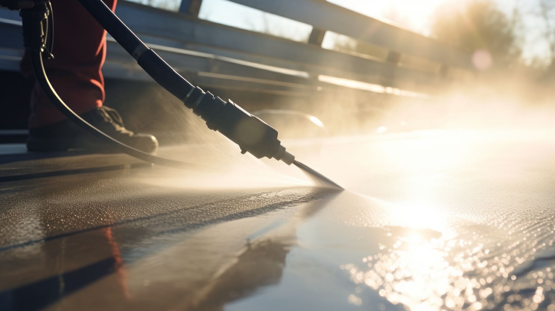 Person pressure washing a wet driveway with a spray nozzle in bright sunlight