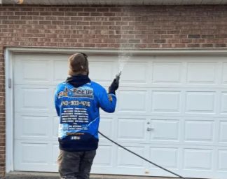 Worker pressure-washing a concrete walkway beside a grassy lawn and tree trunk