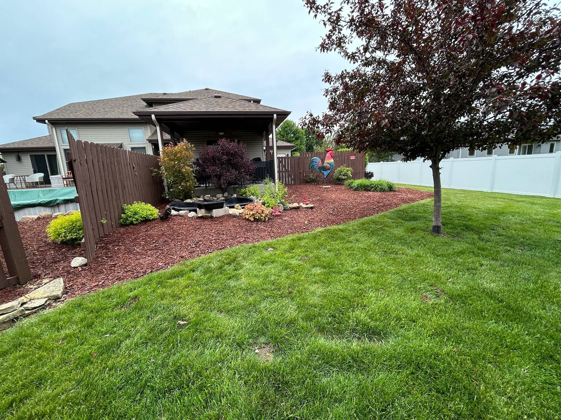 Backyard with green lawn, red mulch beds, a gazebo, and a small tree beside a white fence