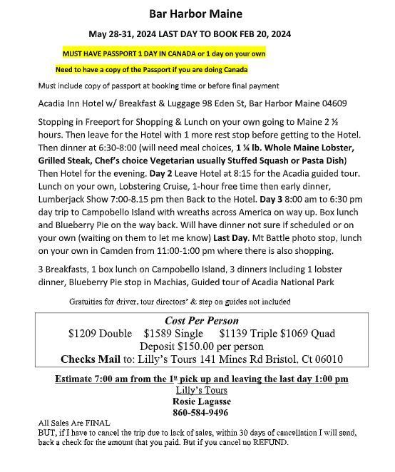 Flyer for a trip to Bar Harbor, Maine, with itinerary, costs, and booking details.