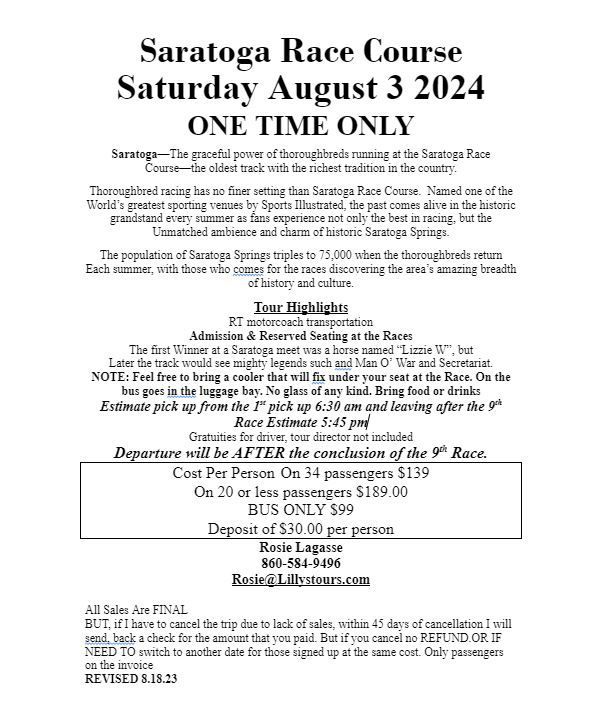 Flyer for Saratoga Race Course on August 3, 2024. Includes tour highlights, pricing, and contact information.