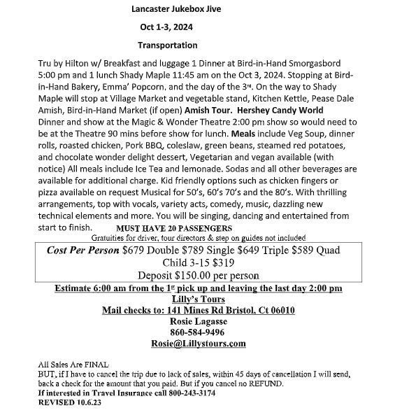 Travel itinerary for Lancaster Jukebox Live, October 1-3, 2024, including transportation, stops, and pricing.