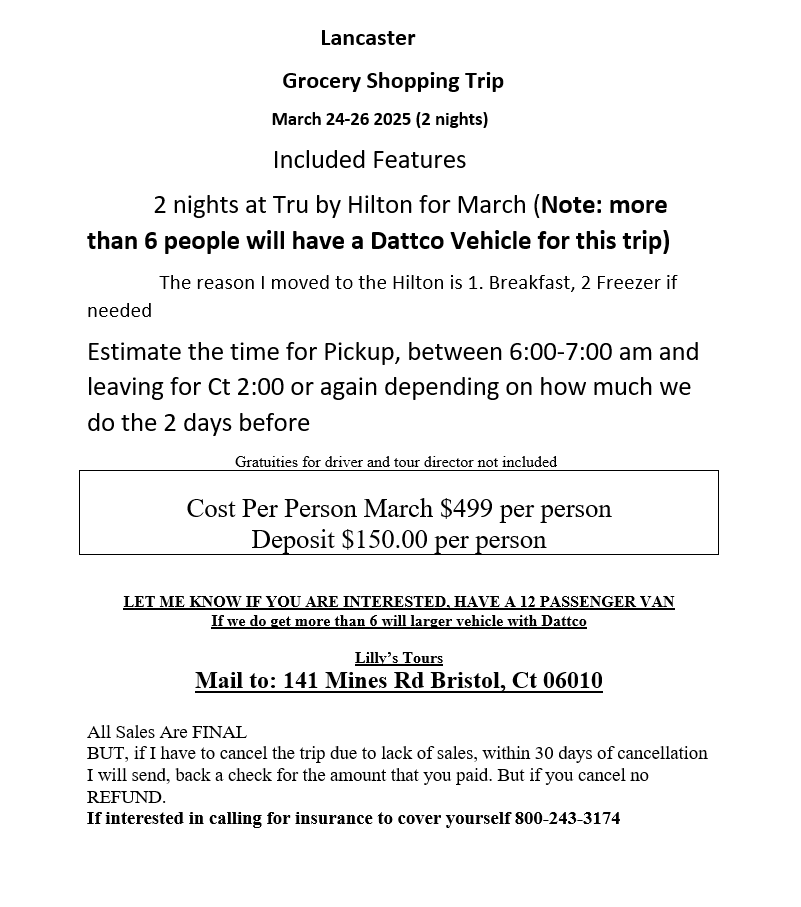 Flyer for a grocery shopping trip to Lancaster, March 24-26, 2025, including hotel, vehicle, and cost details.