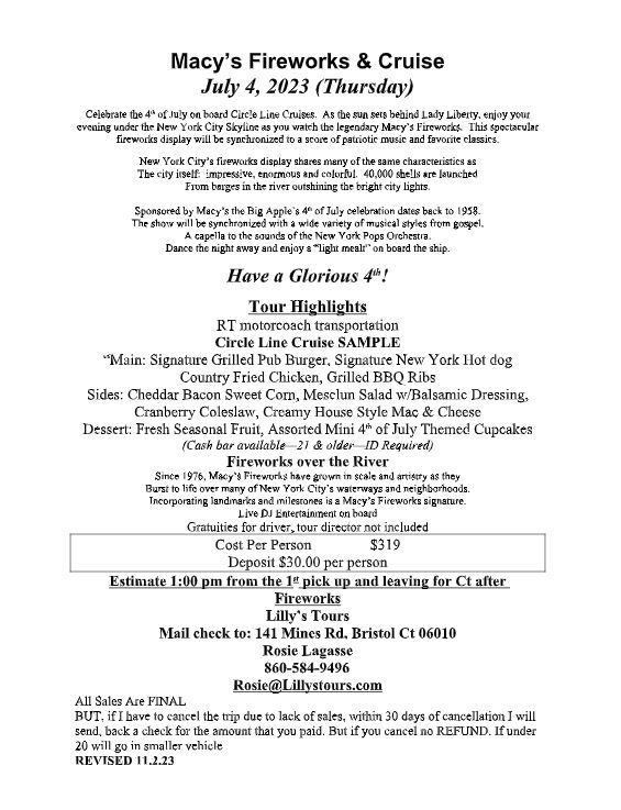 Flyer for a Macy's Fireworks & Cruise on July 4, 2025, includes tour details, pricing, and contact info.