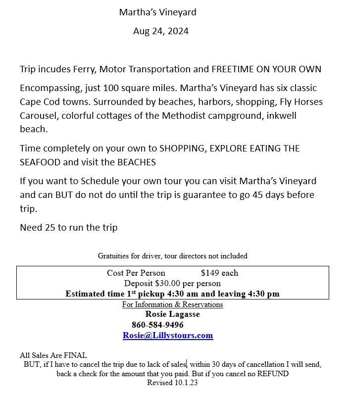 Flyer for a Martha's Vineyard trip on August 24, 2024, with details about the itinerary, cost, and contact information.