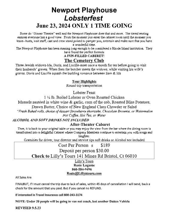 Flyer for Newport Playhouse Lobsterfest on June 23, 2024. Includes details about the event, cost, and contact information.