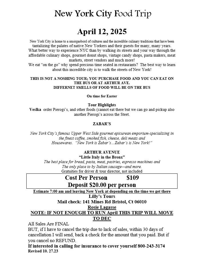 Flyer for a New York City food trip on April 12, 2025. Includes cost, deposit, and contact info.