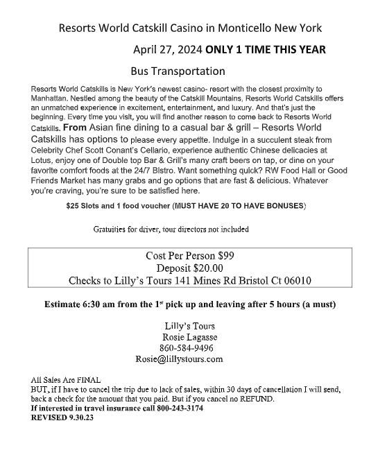 Advertisement for a bus trip to Resorts World Catskill Casino in Monticello, NY on April 27, 2024.