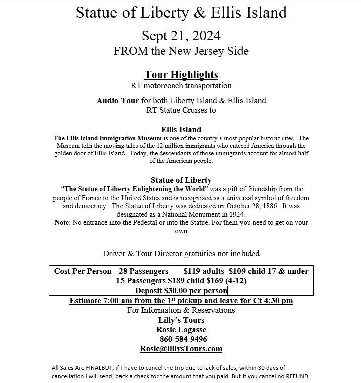 Tour advertisement for Statue of Liberty & Ellis Island on September 21, 2024, from New Jersey.