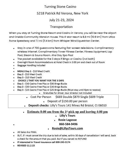 Turning Stone Casino travel flyer with dates, address, and transportation details.