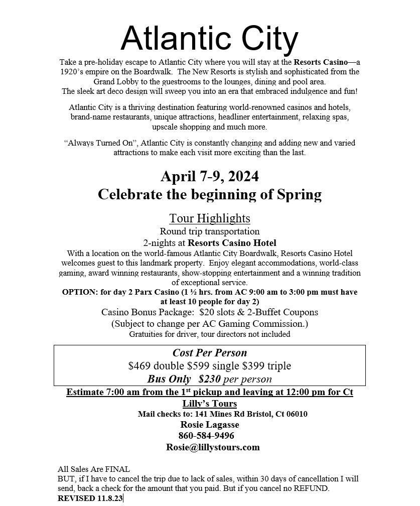 Atlantic City tour flyer. Includes dates, details, pricing, and contact information.
