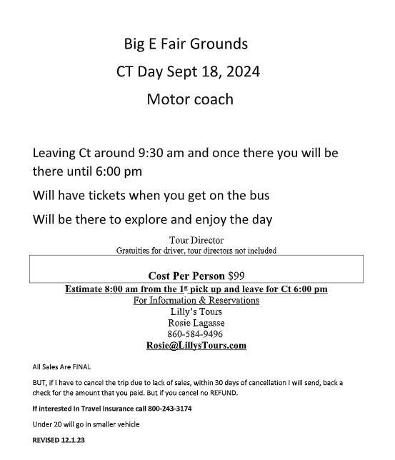 Flyer for a bus trip to the Big E Fair in CT on September 18, 2024.