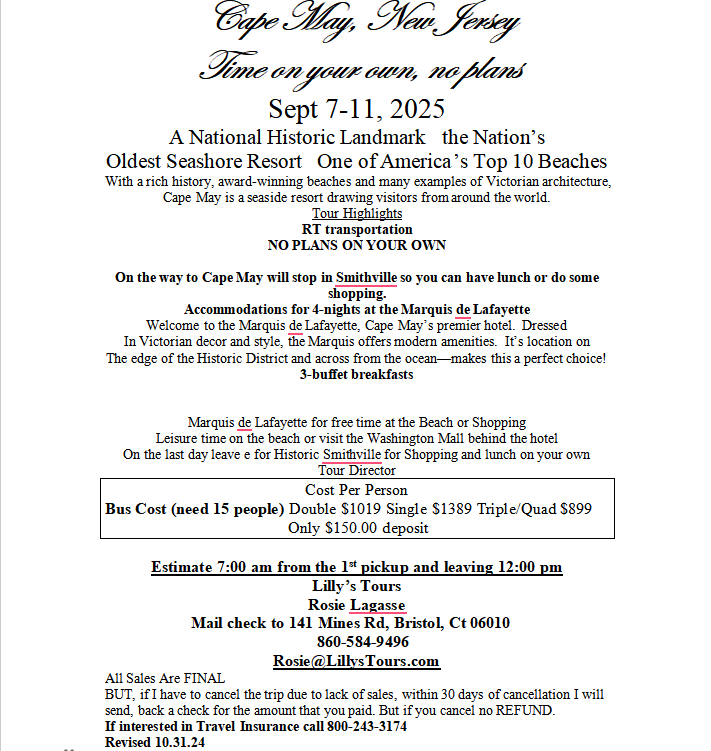 Cape May, New Jersey travel flyer, Sept. 7-11, 2025, including activities and cost.