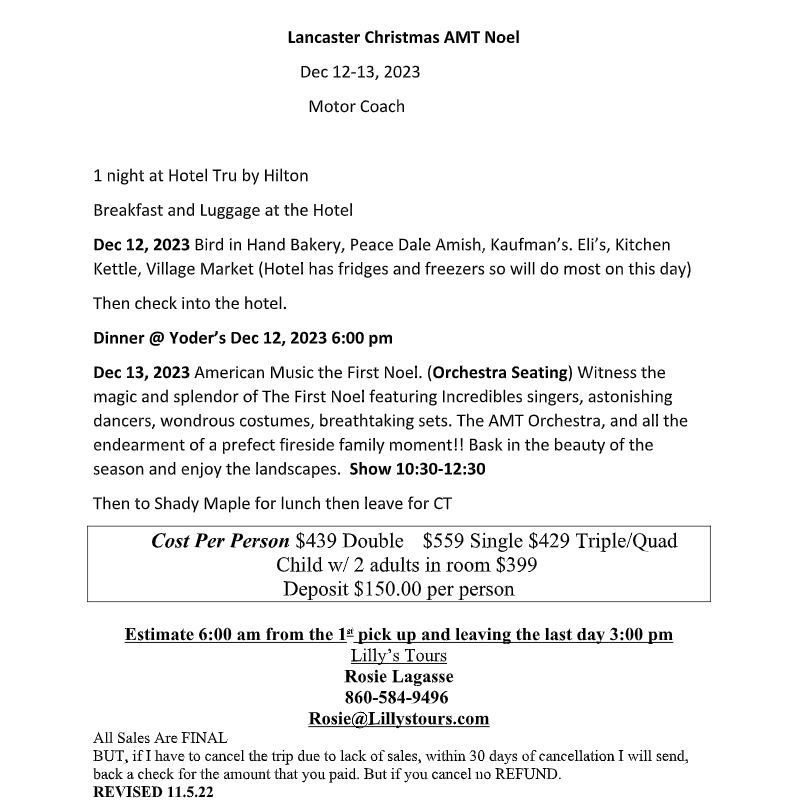 Flyer: Lancaster Christmas trip, Dec 12-15, 2023, including motor coach, hotel, dinner, show, and shopping.