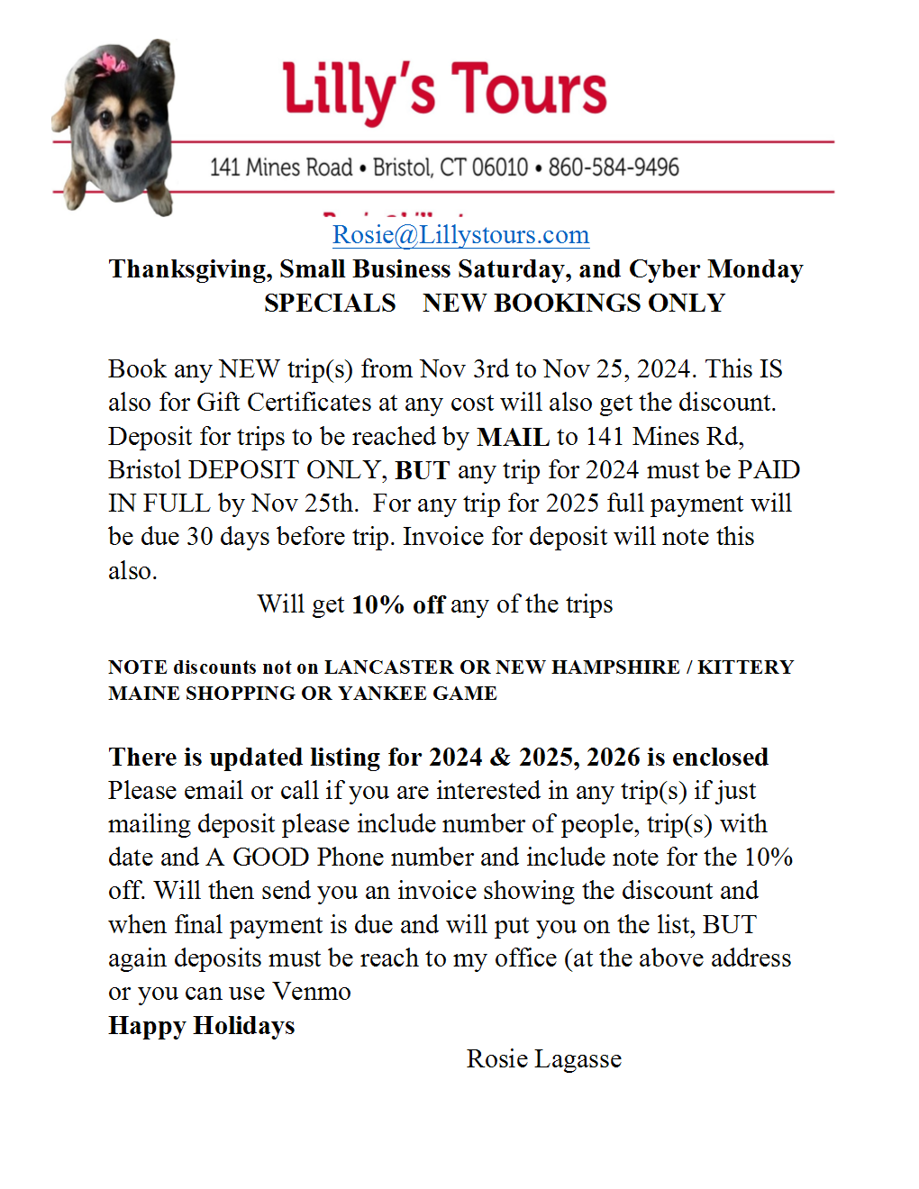 Advertisement for Lilly's Tours holiday specials, with text and a photo of a dog.