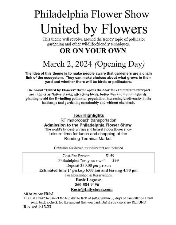 Flyer for the Philadelphia Flower Show on March 2, 2024, with options for a tour or 