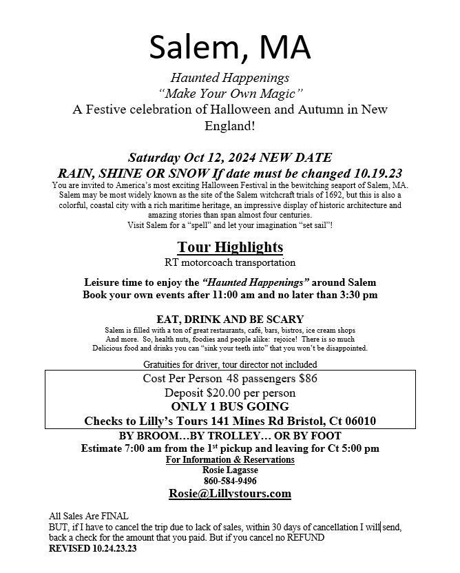 Flyer for a Salem, MA Halloween tour with details about date, events, and cost.