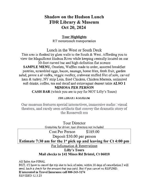 Flyer for a lunch at FDR Library & Museum on Oct. 20, 2024, with tour highlights, menu, pricing, and contact info.