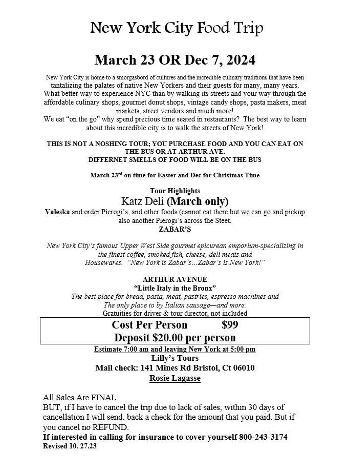 Flyer for a New York City food trip on March 23 or Dec 7, 2024, including the cost, and food details.