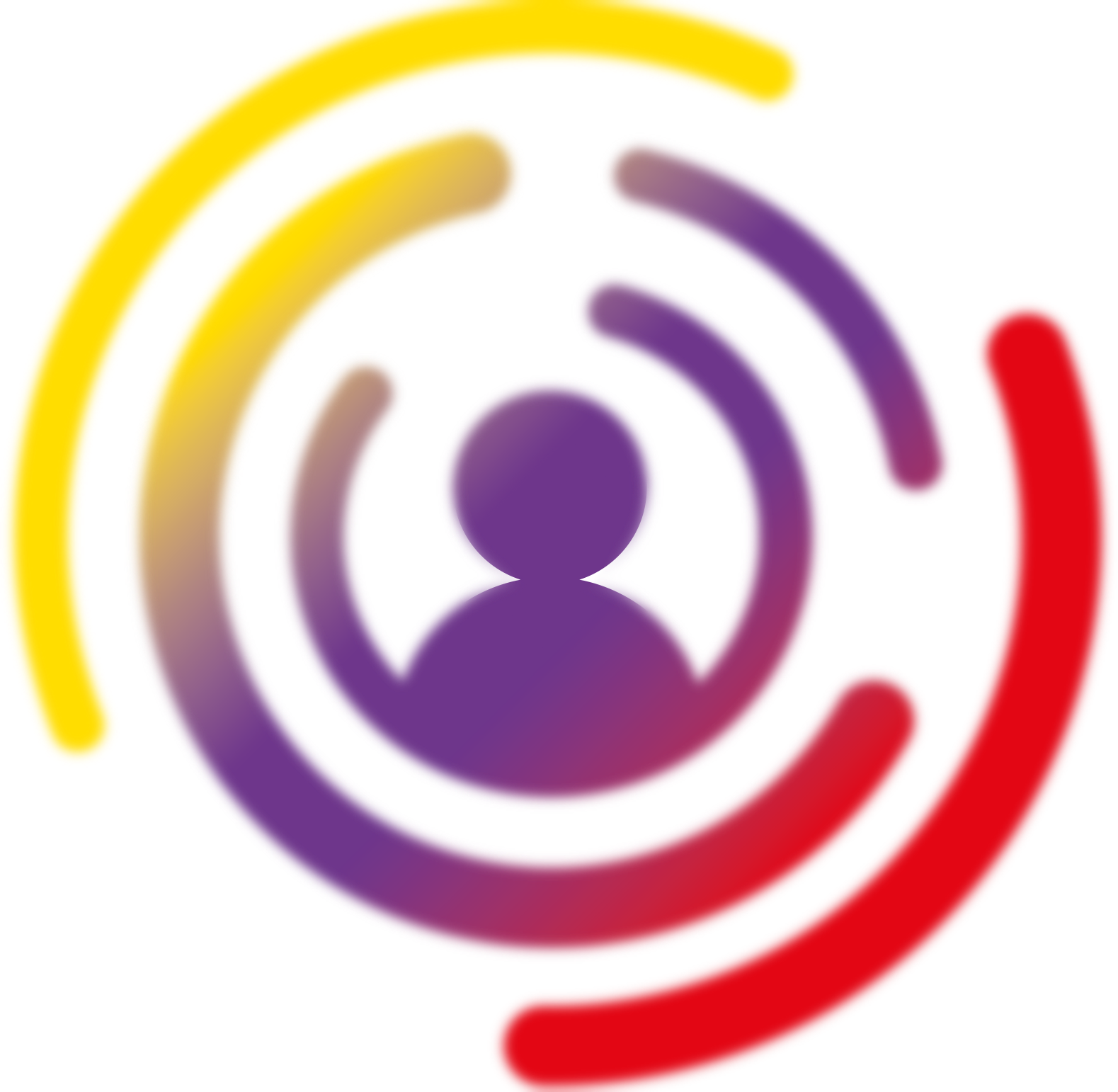 Abstract cirkelvormig logo met een paars persoonsicoon en rode, gele en paarse ringen.