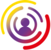 Abstract cirkelvormig logo met een paars persoonsicoon en rode, gele en paarse ringen.
