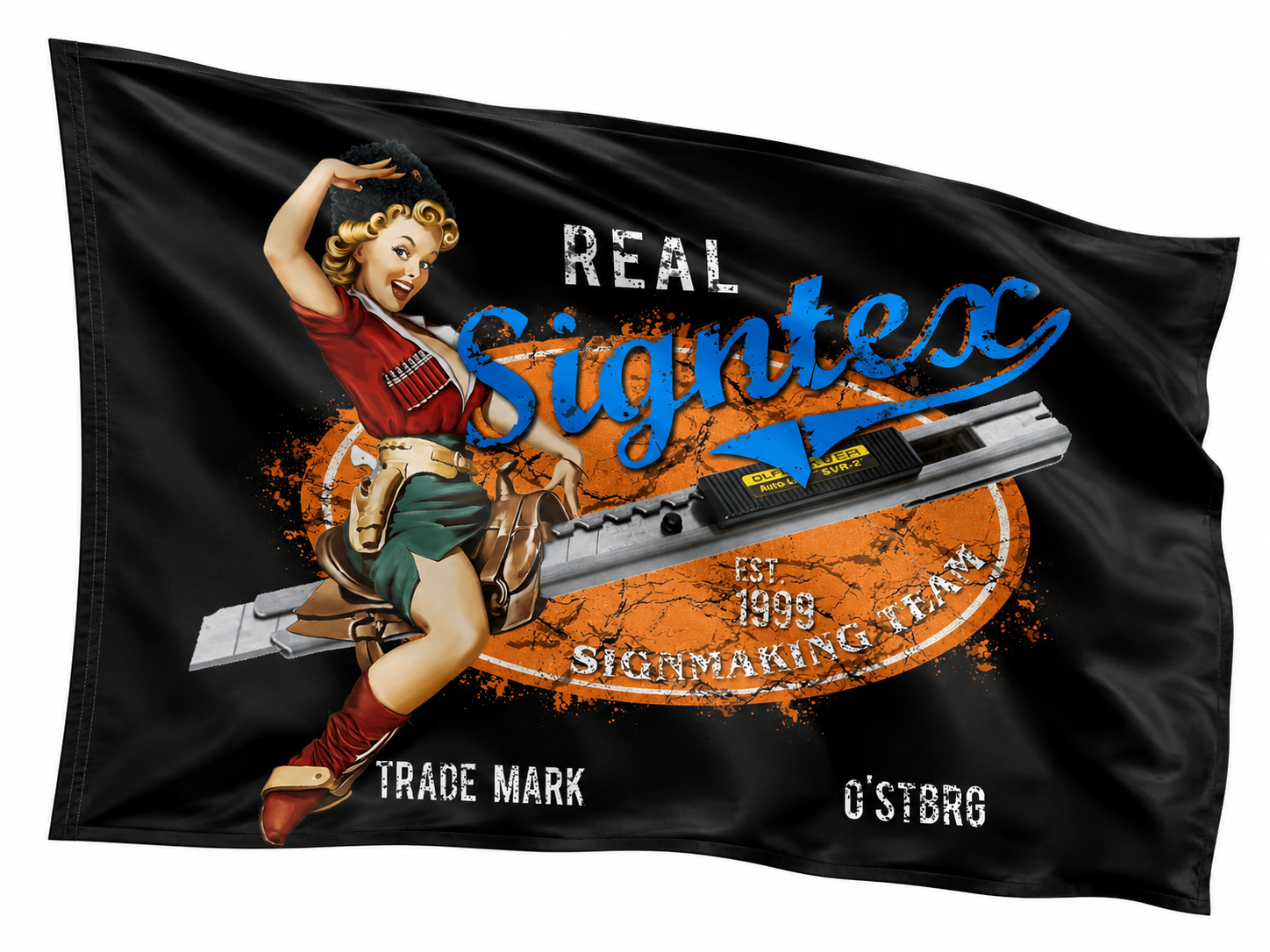 Zwarte vlag met een pin-up vrouw en grote blauwe 